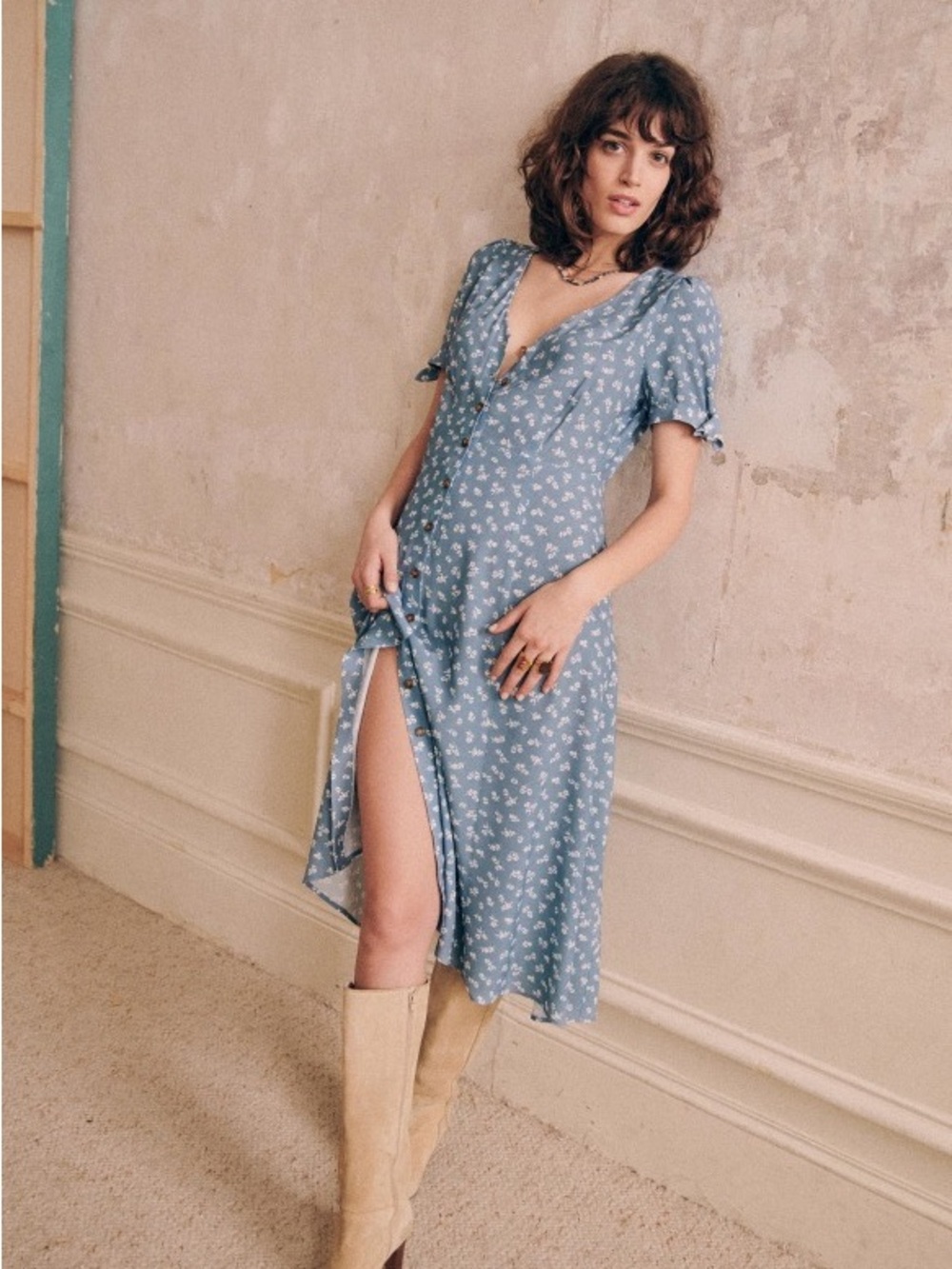 Sezane Vic Dress Mini Flowers on Blue Midi Dress - FR 34 (US 2)